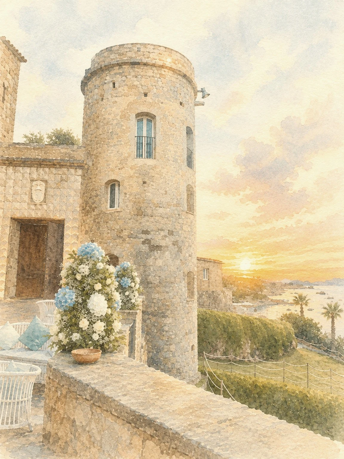 Illustrazione del Castello Lanza Branciforte di Trabia al tramonto