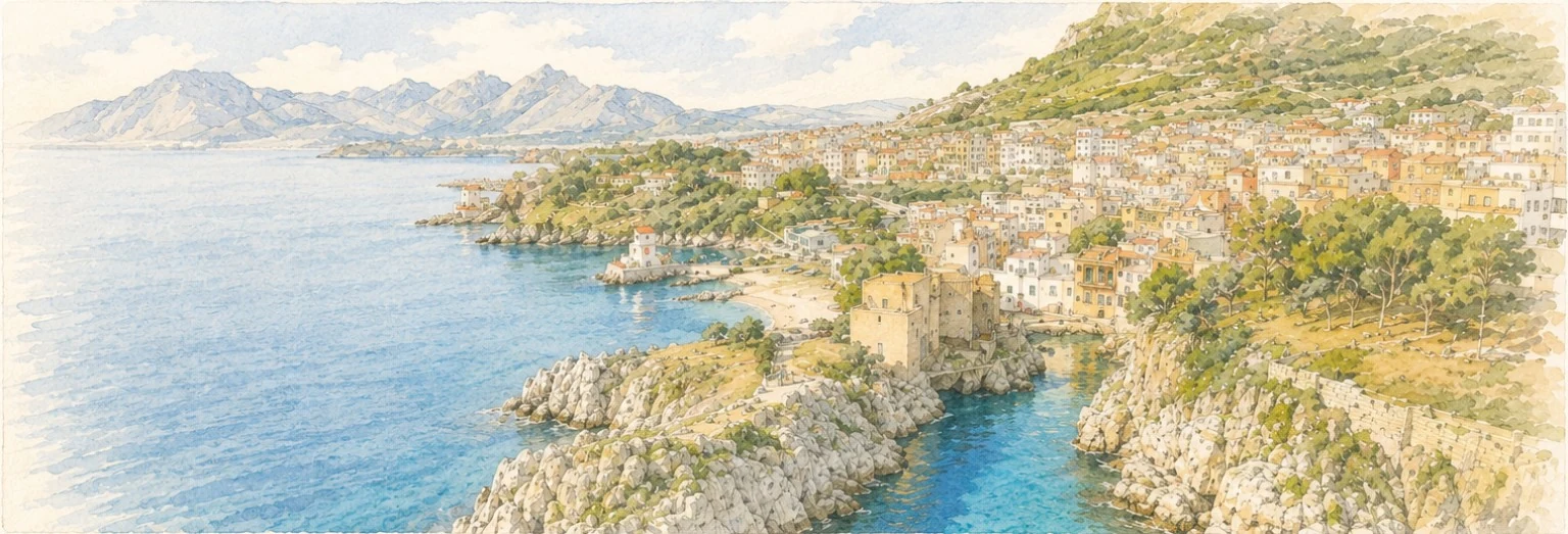 Vista illustrata dall’alto del borgo di Sant’Elia e della costa
